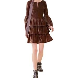 Banana Republic Olivia Palermo Tiered Velvet Brown Long Sleeve Dress 2P